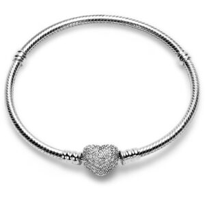 WAKCTFERG Charm Bracelet Fit For Charm beads, 925 Sterling Silver Cubic Zirconia Heart Clasp Snake Chain Bracelet Fit Any Charm Gift for Women Girl Suitable for people aged 12 to 80(ZLL-10, 6.7in/17cm)