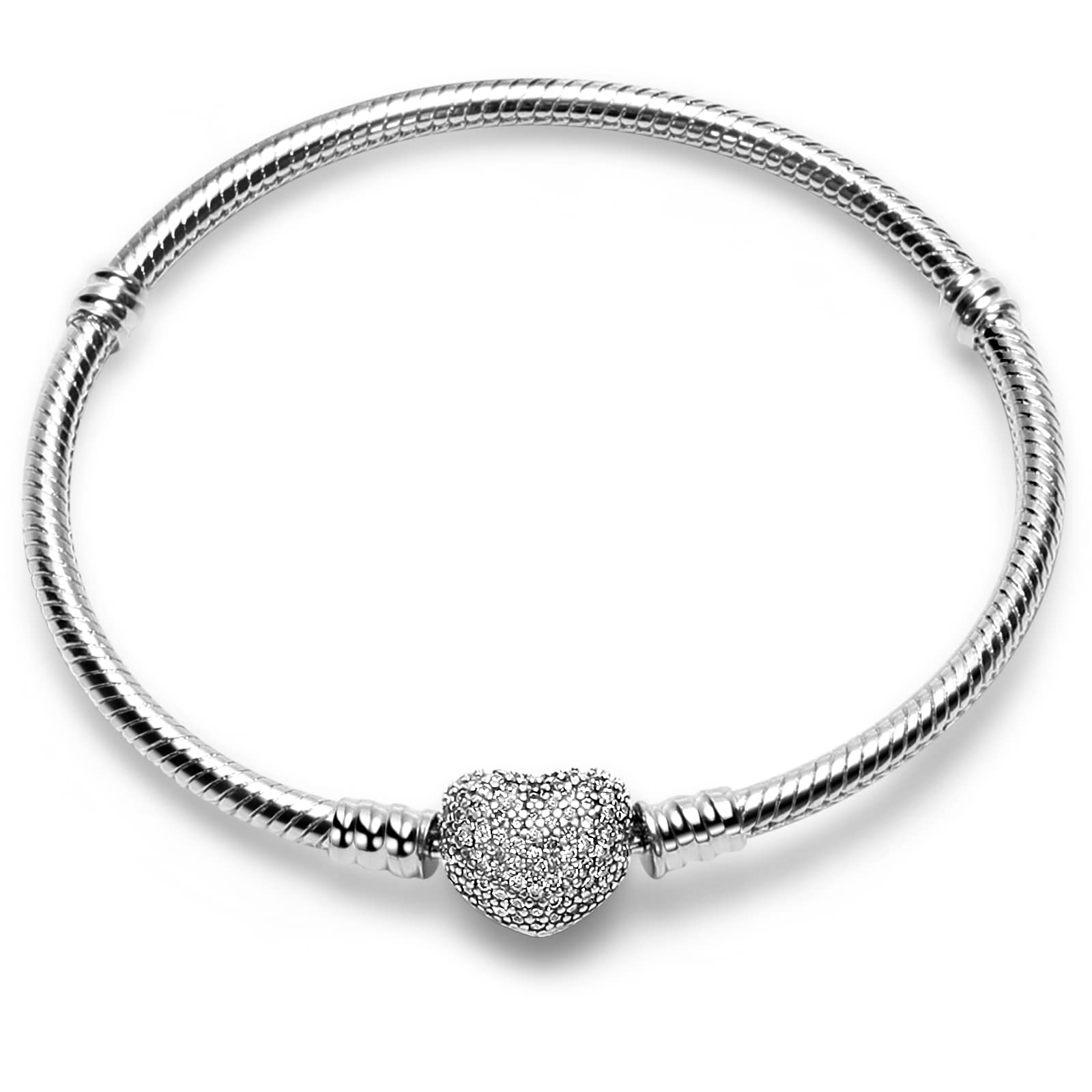 WAKCTFERG Charm Bracelet Fit For Charm beads, 925 Sterling Silver Cubic Zirconia Heart Clasp Snake Chain Bracelet Fit Any Charm Gift for Women Girl Suitable for people aged 12 to 80(ZLL-10, 6.7in/17cm)