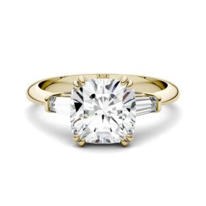 Charles & Colvard Forever One 14K Yellow Gold 8mm Moissanite Cushion Cut Three Stone Engagement Ring-size 3 2.77cttw DEW (G-H-I) by Charles & Colvard