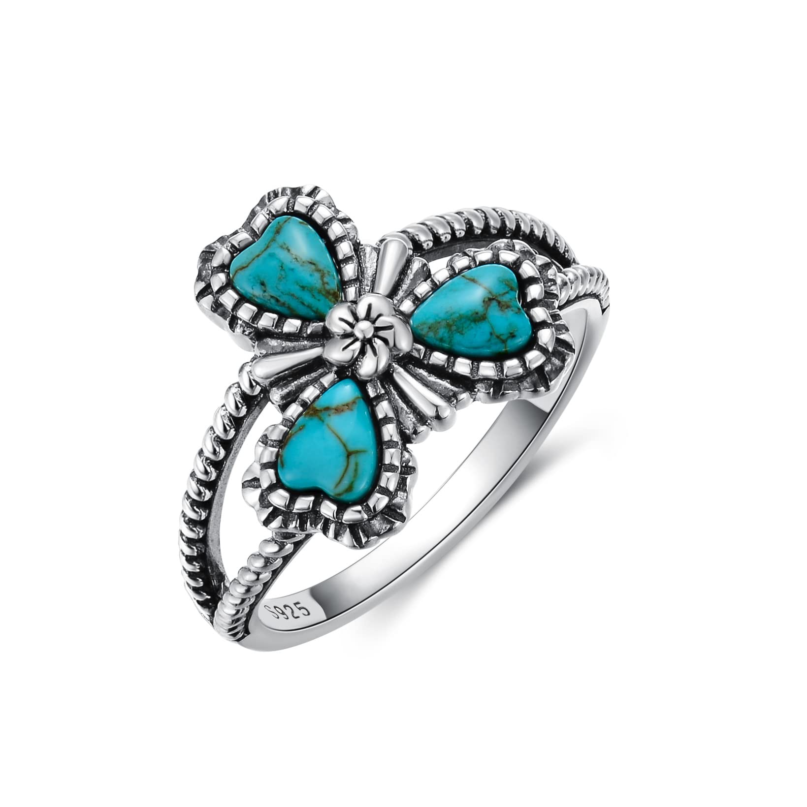 BETHZA Clover Turquoise Ring 925 Sterling Silver Natural Turquoise Flower Ring 3 Heart Shape Stone Boho Lucky Ring Gift for Women US Size 7