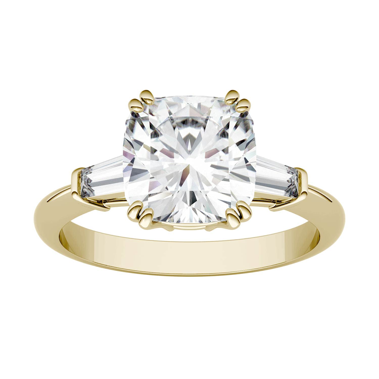 Charles & Colvard Forever One 14K Yellow Gold 8mm Moissanite Cushion Cut Three Stone Engagement Ring-size 3 2.77cttw DEW (G-H-I) by Charles & Colvard