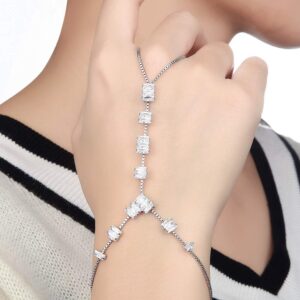 Aprilery Hand Chain Ring Bracelet, Fashion Silver AAA CZ Crystal Adjustable Slave Hand Chain Ring Bracelet Boho Hand Jewelry for Women(Rectangle A)