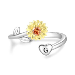 STARCHENIE Sunflower Initial Ring for Women 925 Sterling Silver Letter G Alphabet Adjustable Ring Size 7