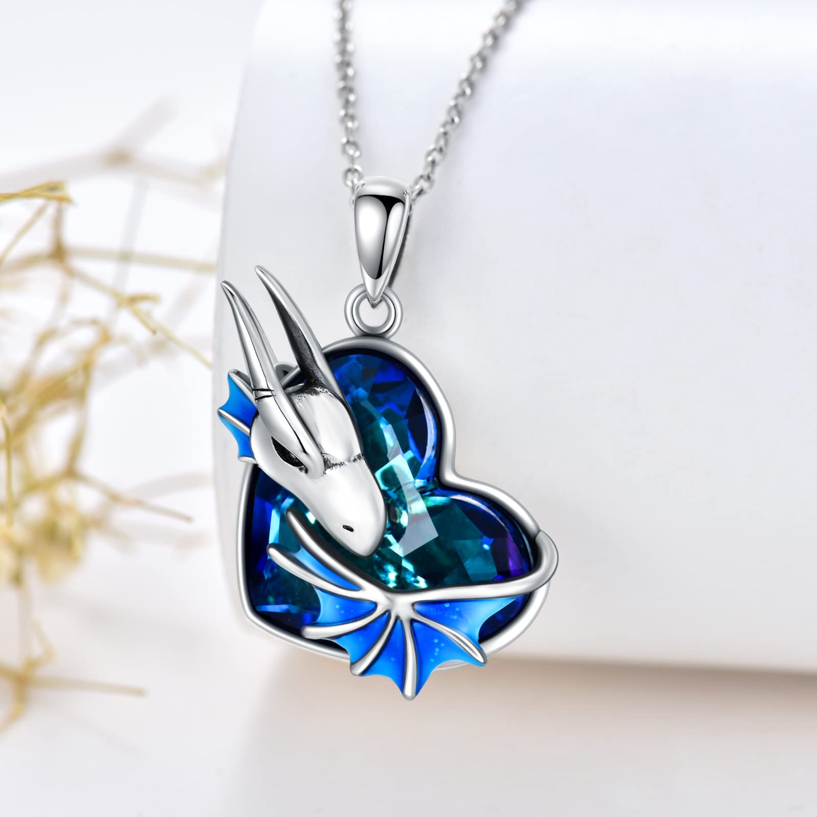 Plesitep Dragon Necklace Sterling Silver Wyvern Necklace with Blue Heart Crystal Jewelry Gift for Women