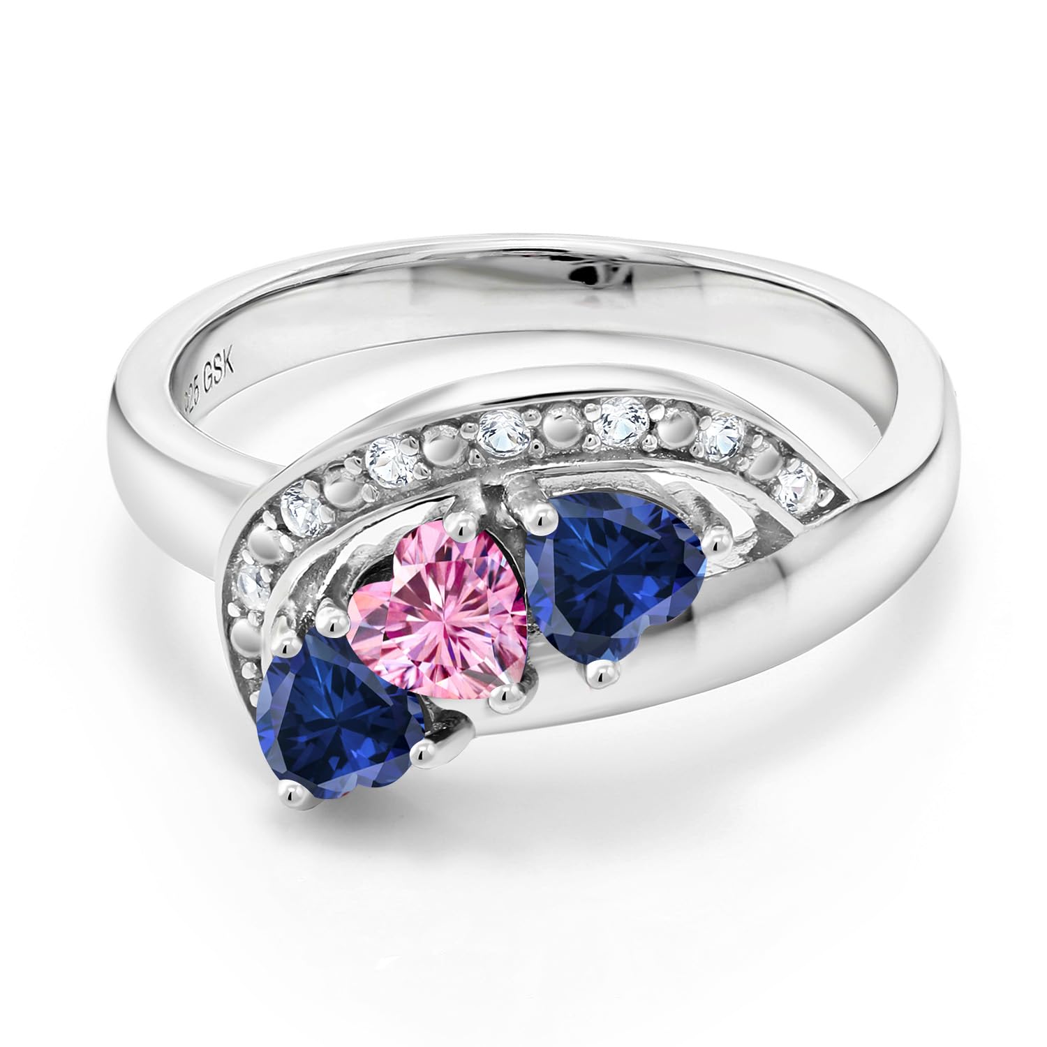 Gem Stone King 925 Sterling Silver Pink Moissanite and Blue Created Sapphire and White Created Sapphire Engagement Ring For Women (1.31 Cttw, Gemstone, Heart Shape 4MM, Size 7)