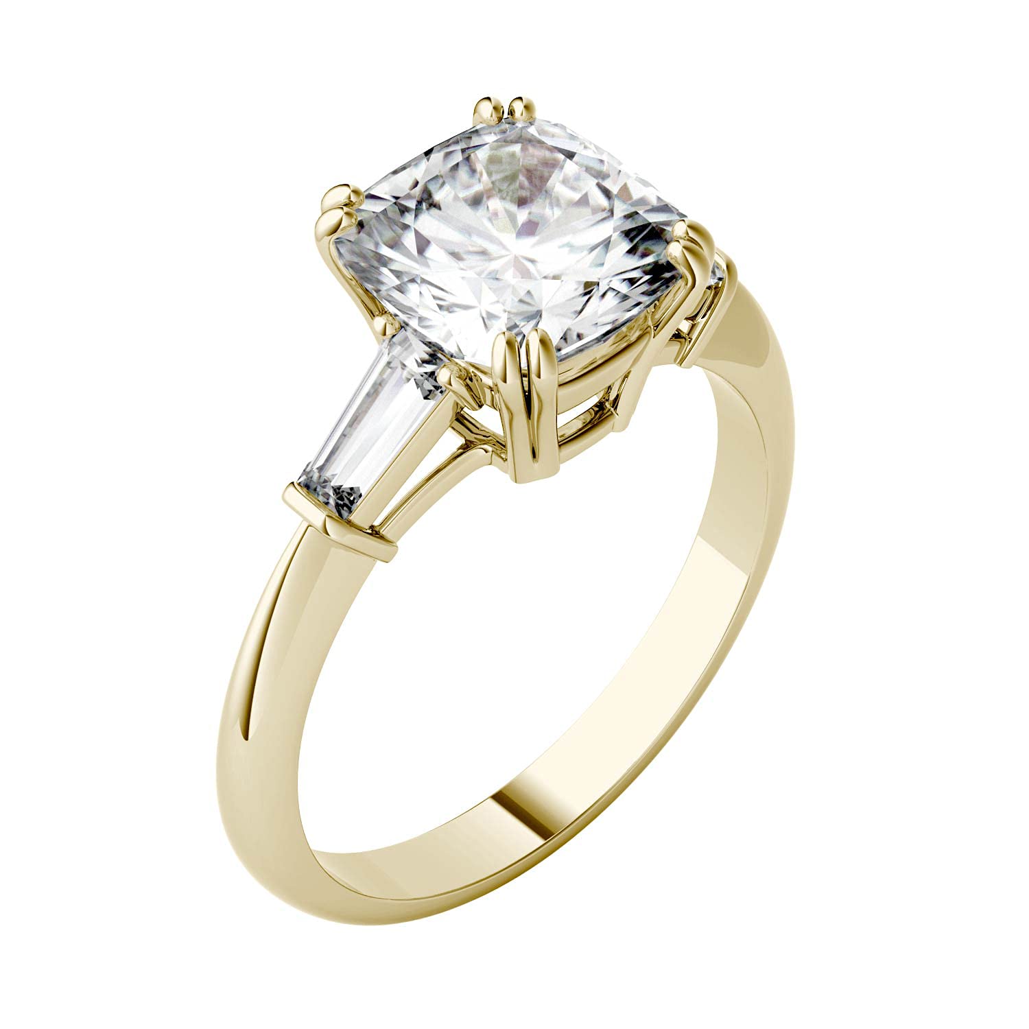 Charles & Colvard Forever One 14K Yellow Gold 8mm Moissanite Cushion Cut Three Stone Engagement Ring-size 3 2.77cttw DEW (G-H-I) by Charles & Colvard