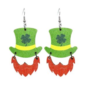 St. Patrick's Day Earrings Wooden Irish Shamrock Cute Cat Dog Dangle Earrings Green Lucky Clover Wood Earrings-Beard