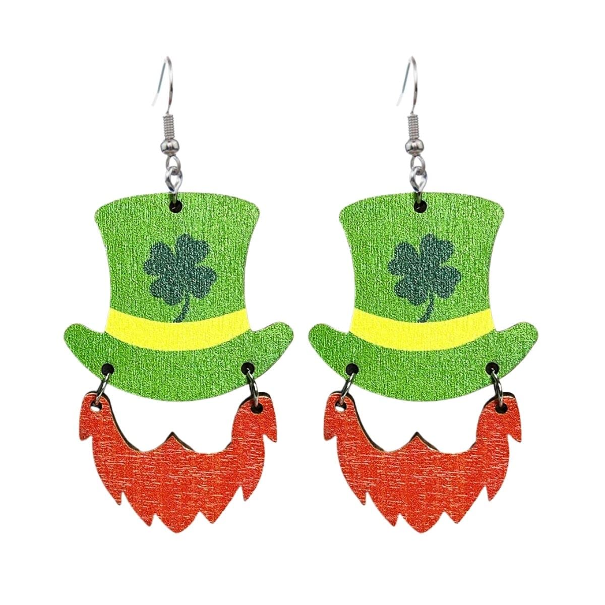 St. Patrick's Day Earrings Wooden Irish Shamrock Cute Cat Dog Dangle Earrings Green Lucky Clover Wood Earrings-Beard