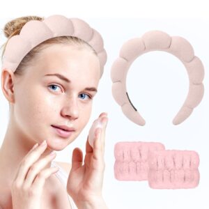 sponge spa headband for women, spa terry towel cloth fabric head band with 2pcs wrist washband, soft & absorbent material hair accessories for face washing shower skincare makeup removal(pink)