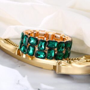 BriLove Women's Sparkling Crystal Emerald Cut Stretch Bangle Bracelet for Wedding Party Prom Emerald Color Gold-Tone