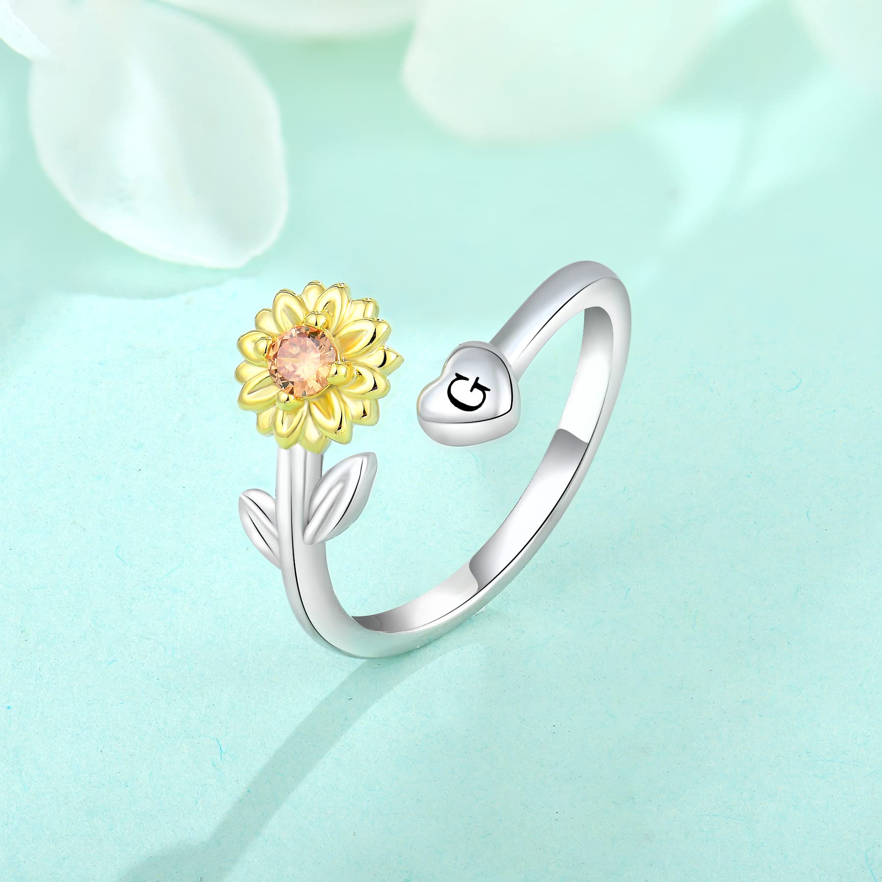 STARCHENIE Sunflower Initial Ring for Women 925 Sterling Silver Letter G Alphabet Adjustable Ring Size 7