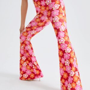 OYOANGLE Women's Floral Print High Waist Yoga Pants Wide Leg Pants Bell Bottom Trousers Orange and Pink S