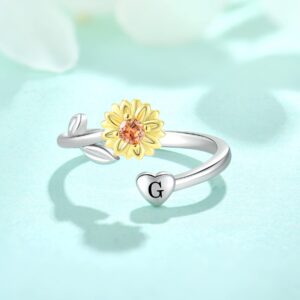 STARCHENIE Sunflower Initial Ring for Women 925 Sterling Silver Letter G Alphabet Adjustable Ring Size 7