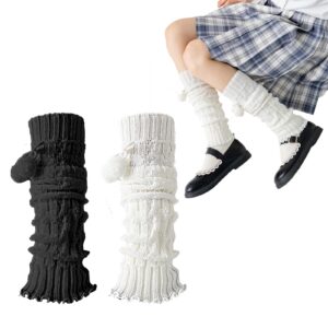 leeper 2 pairs leg warmers japanese kawaii leg warmers for women knit black white leg warmers y2k with wool ball for women&girls