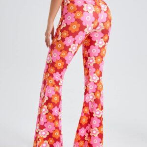 OYOANGLE Women's Floral Print High Waist Yoga Pants Wide Leg Pants Bell Bottom Trousers Orange and Pink S