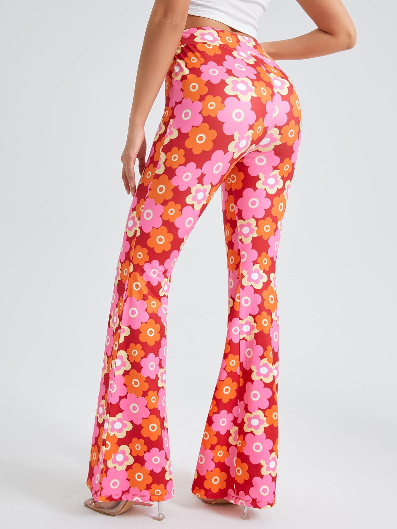 OYOANGLE Women's Floral Print High Waist Yoga Pants Wide Leg Pants Bell Bottom Trousers Orange and Pink S