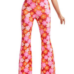 OYOANGLE Women's Floral Print High Waist Yoga Pants Wide Leg Pants Bell Bottom Trousers Orange and Pink S