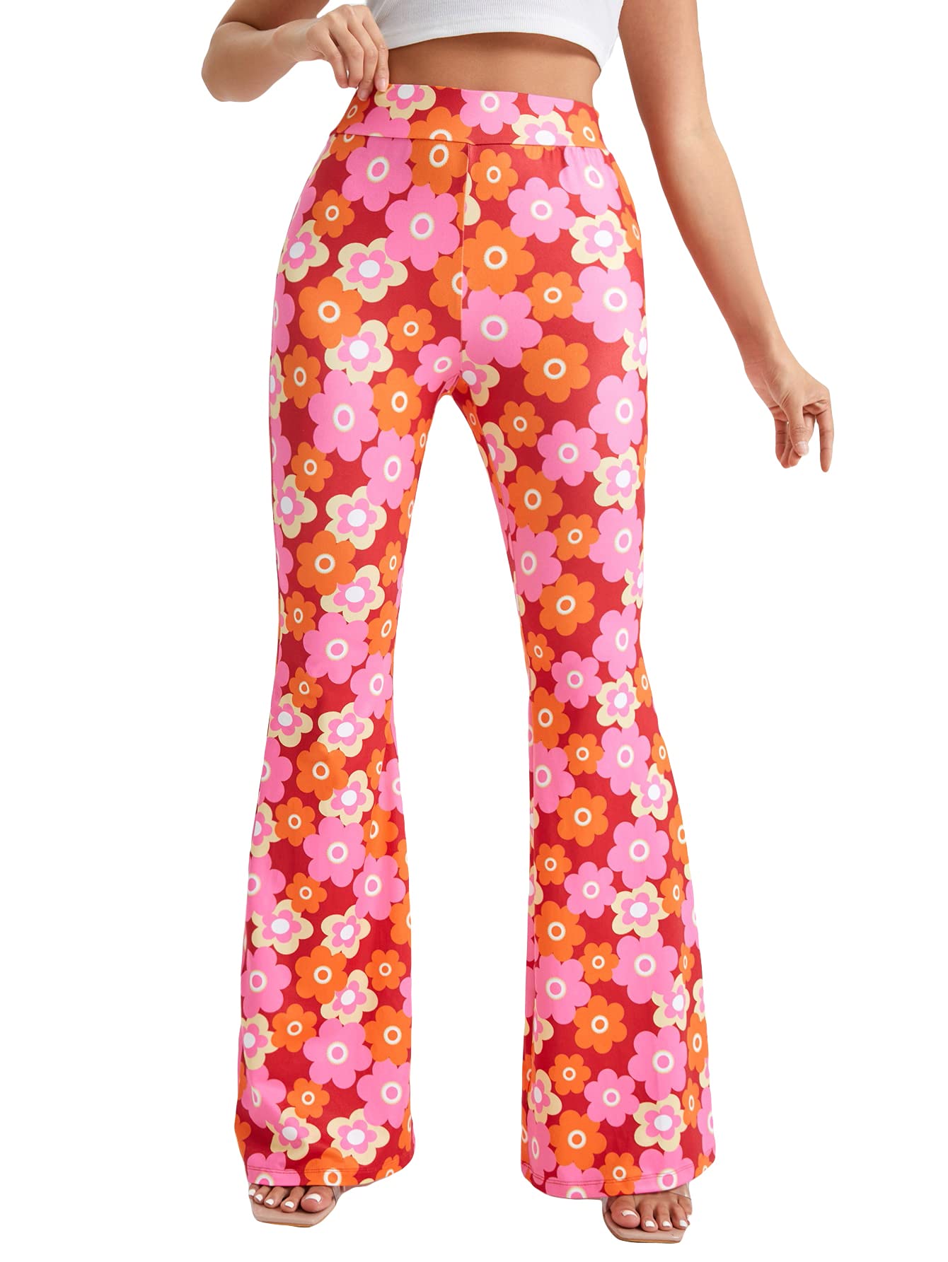 OYOANGLE Women's Floral Print High Waist Yoga Pants Wide Leg Pants Bell Bottom Trousers Orange and Pink S