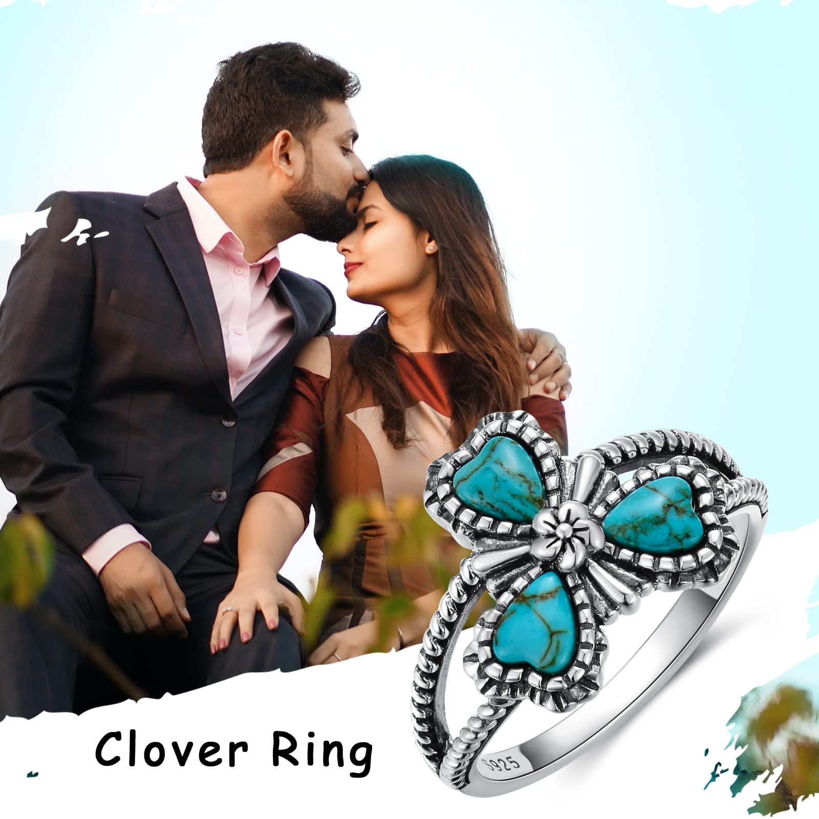 BETHZA Clover Turquoise Ring 925 Sterling Silver Natural Turquoise Flower Ring 3 Heart Shape Stone Boho Lucky Ring Gift for Women US Size 7