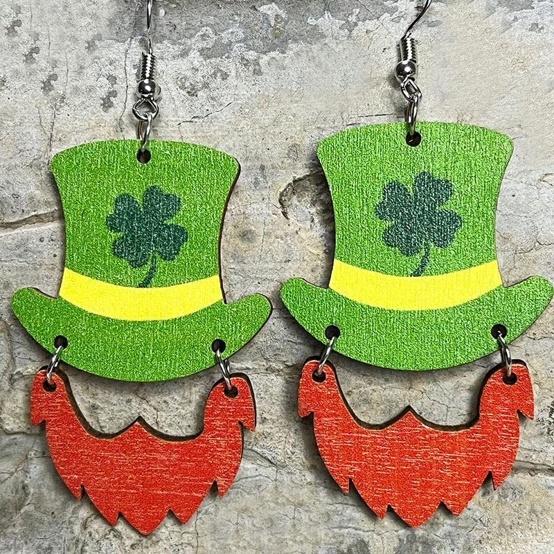 St. Patrick's Day Earrings Wooden Irish Shamrock Cute Cat Dog Dangle Earrings Green Lucky Clover Wood Earrings-Beard