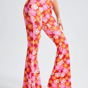 OYOANGLE Women's Floral Print High Waist Yoga Pants Wide Leg Pants Bell Bottom Trousers Orange and Pink S