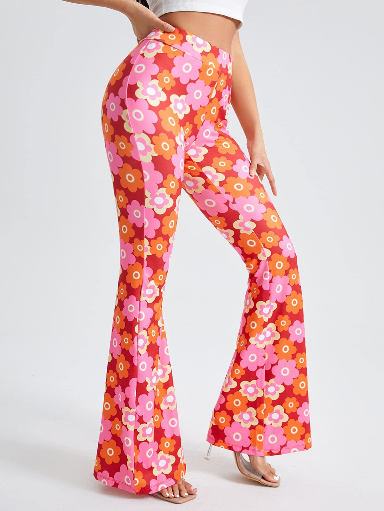 OYOANGLE Women's Floral Print High Waist Yoga Pants Wide Leg Pants Bell Bottom Trousers Orange and Pink S