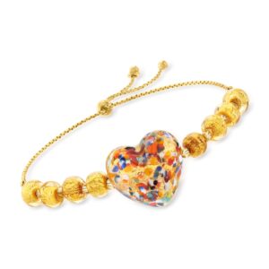 Ross-Simons Italian Multicolored Murano Glass Bead Heart Bolo Bracelet in 18kt Gold Over Sterling