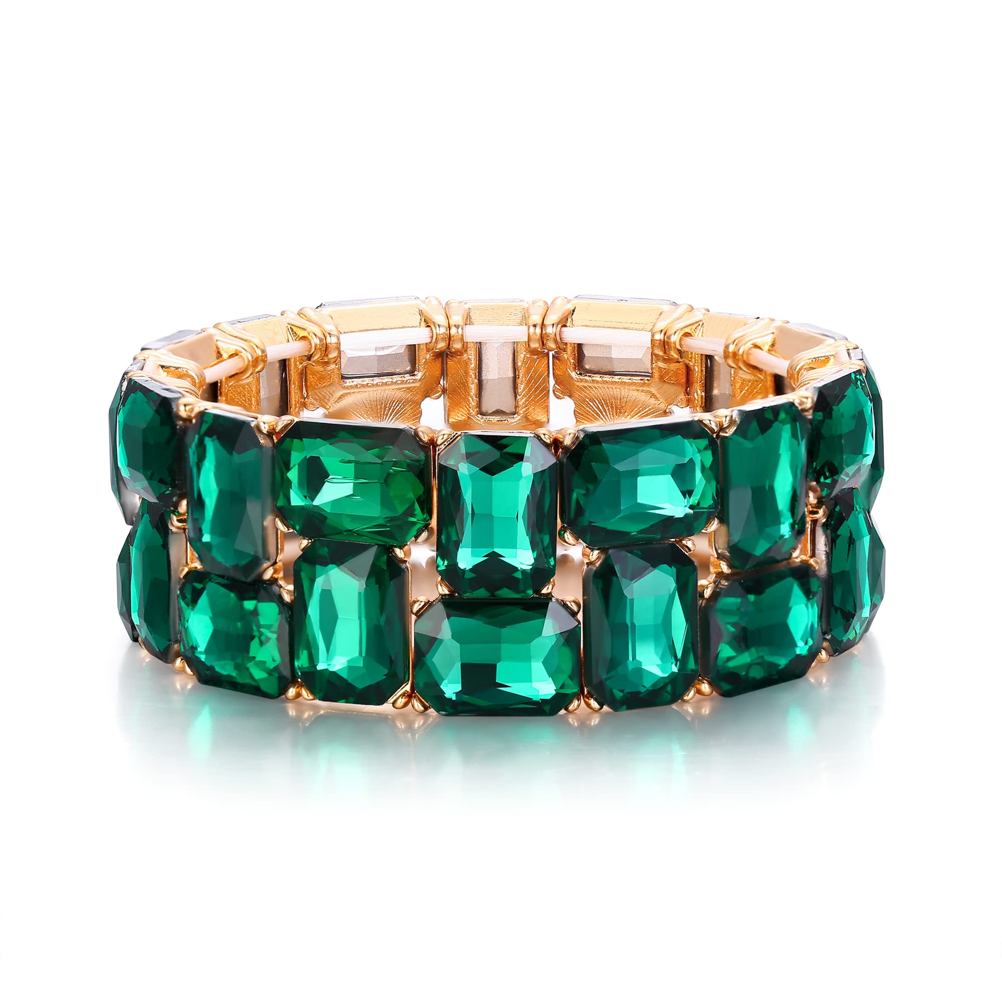 BriLove Women's Sparkling Crystal Emerald Cut Stretch Bangle Bracelet for Wedding Party Prom Emerald Color Gold-Tone