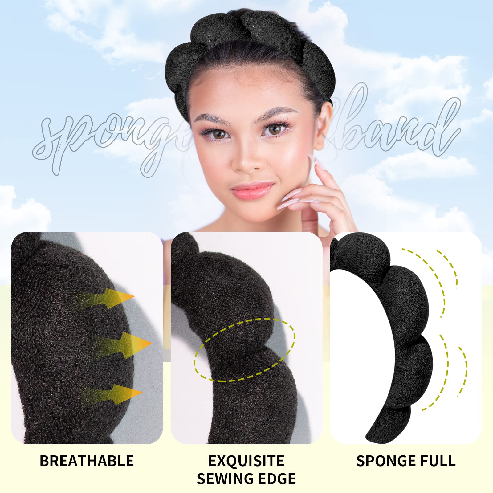 PASNOWFU Sponge Spa Headband For Women, Big Spa Hairband For Washing Face, Face Skincare Makeup Headband, No Slip Thick Hair Hoop For Spa For Makeup Removal, Black