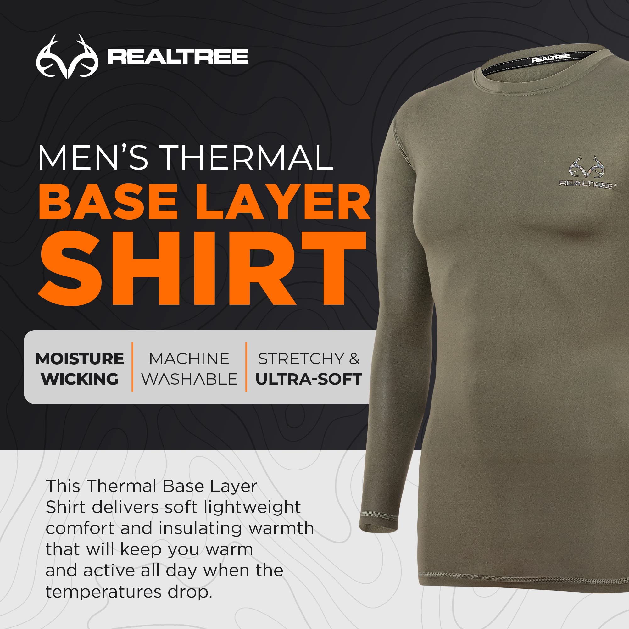 Realtree Base Layer Thermal Underwear for Men - Hunting Gear, Cold Weather Long Sleeve Shirt Long Johns Top (US, Alpha, Medium, Regular, Regular, Duffle Green)