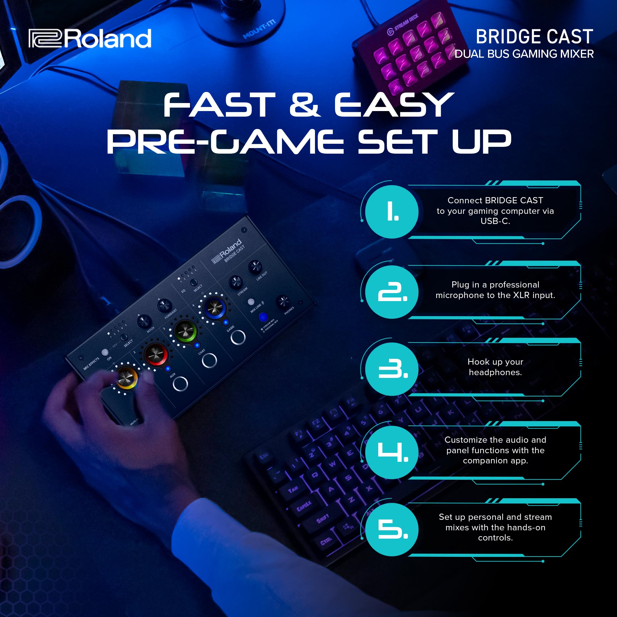 Roland BRIDGE CAST Dual Bus Gaming Mixer | Professional Audio Streaming Interface and Mixer for Online Gamers | 32-Bit Hardware DSP | USB-C Windows and Mac Connectivity | XLR Input for Microphones