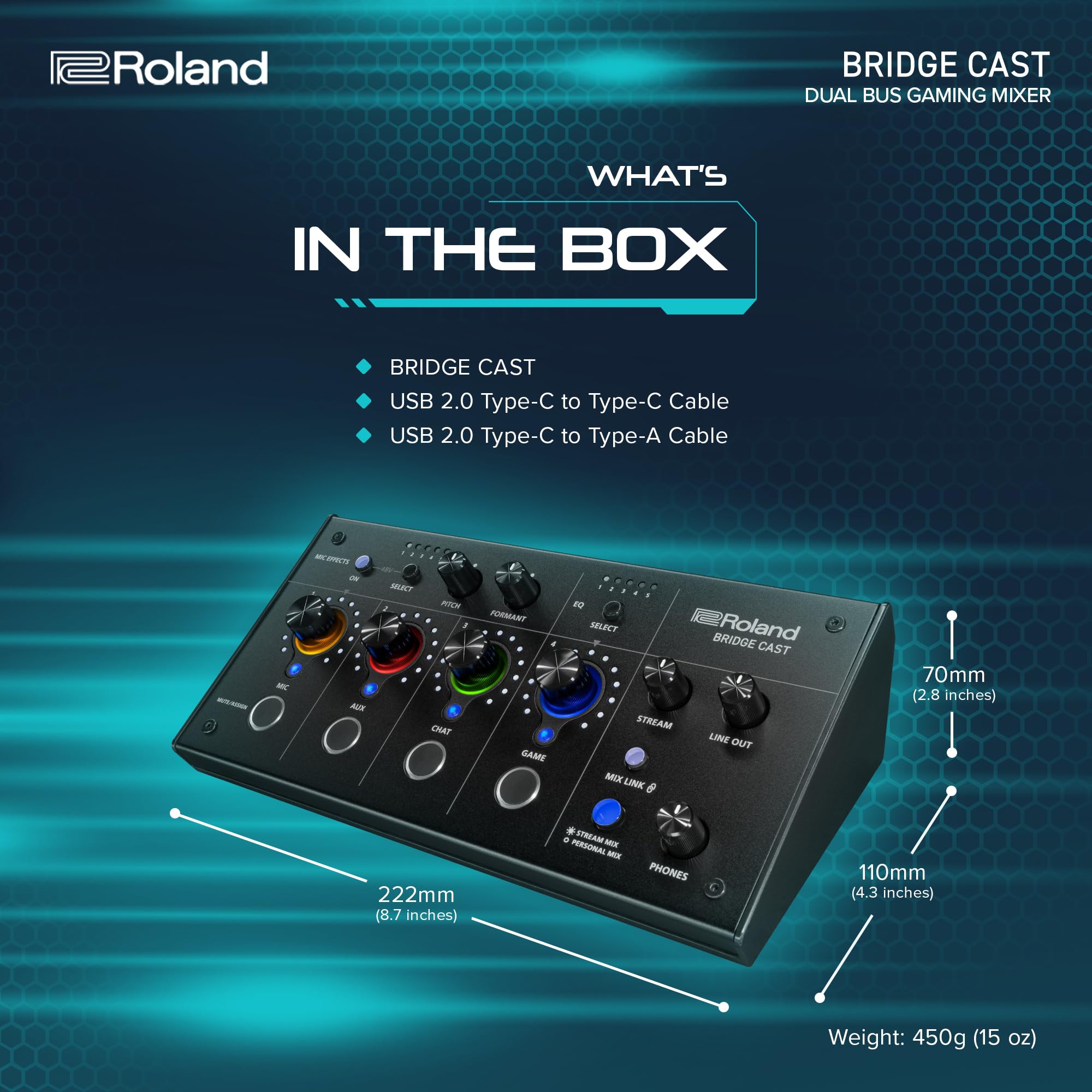 Roland BRIDGE CAST Dual Bus Gaming Mixer | Professional Audio Streaming Interface and Mixer for Online Gamers | 32-Bit Hardware DSP | USB-C Windows and Mac Connectivity | XLR Input for Microphones