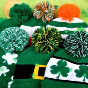 CAMDUCK 6 Pcs St Patrick's Day Beanie Hat, St Patricks Day Hat, Shamrock Beanie, Irish Hats for Men Women (6 Irish Beanie with LED)