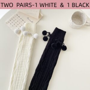 leeper 2 Pairs Leg Warmers Japanese Kawaii Leg Warmers for Women Knit Black White Leg Warmers Y2K with Wool Ball for Women&Girls