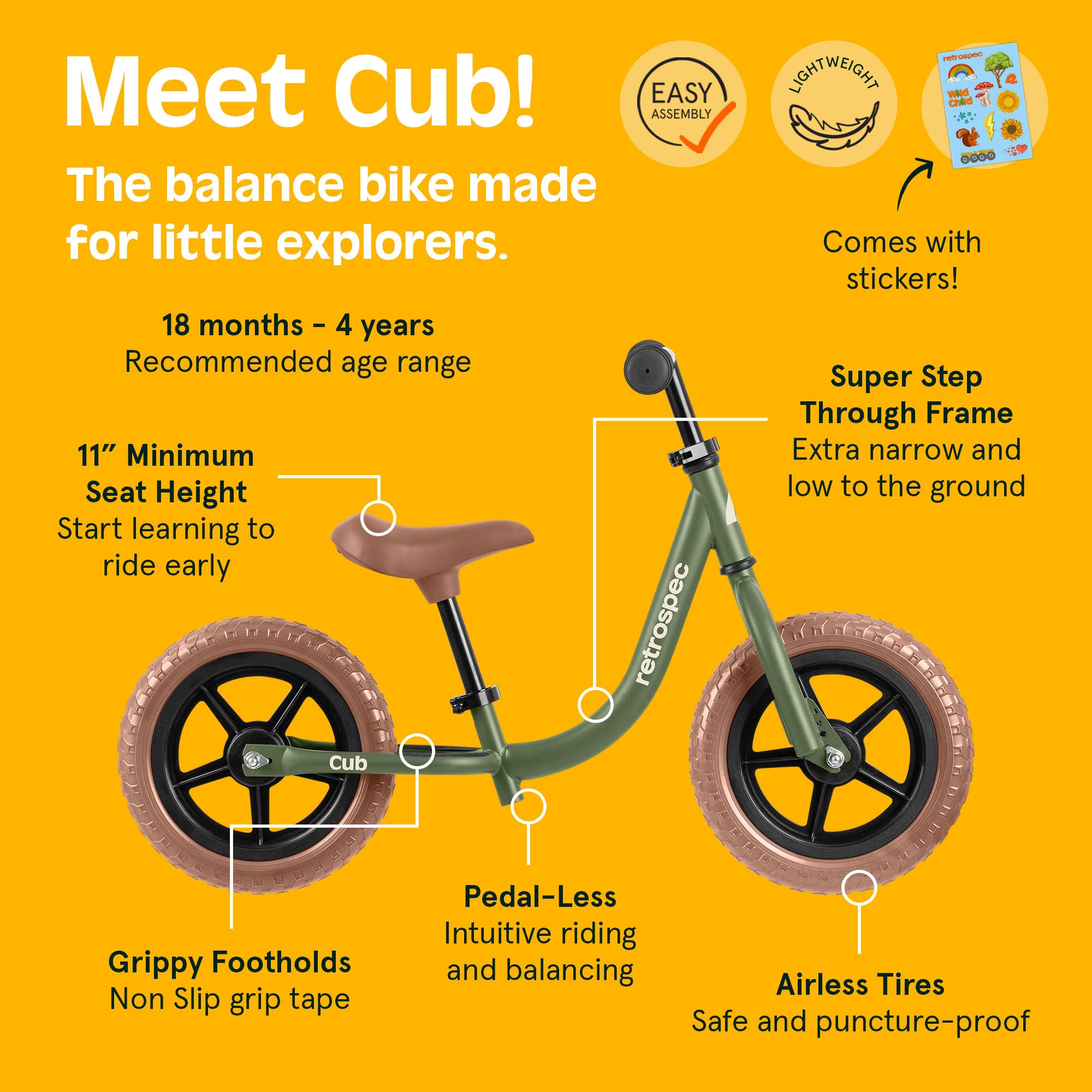 Retrospec Cub 2 Toddler 12" Balance Bike, 18 Months - 3 Years Old, No Pedal Beginner Kids Bicycle for Girls & Boys, Flat-Free Tires, Adjustable Seat, & Durable Frame