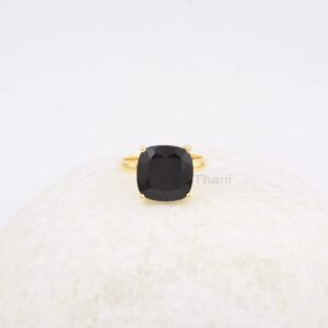 Black Onyx Ring, 12mm Cushion Gemstone Ring, Gold Plated Ring, 925 Solid Silver Ring, Gift for Bridesmaid, Women Ring (Gold Plated, 4.5 US)