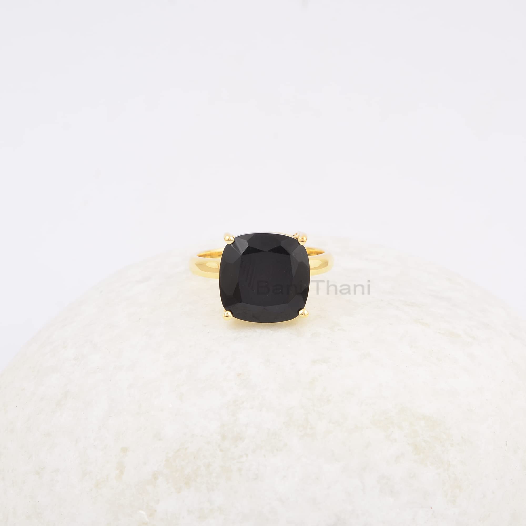 Black Onyx Ring, 12mm Cushion Gemstone Ring, Gold Plated Ring, 925 Solid Silver Ring, Gift for Bridesmaid, Women Ring (Gold Plated, 4.5 US)