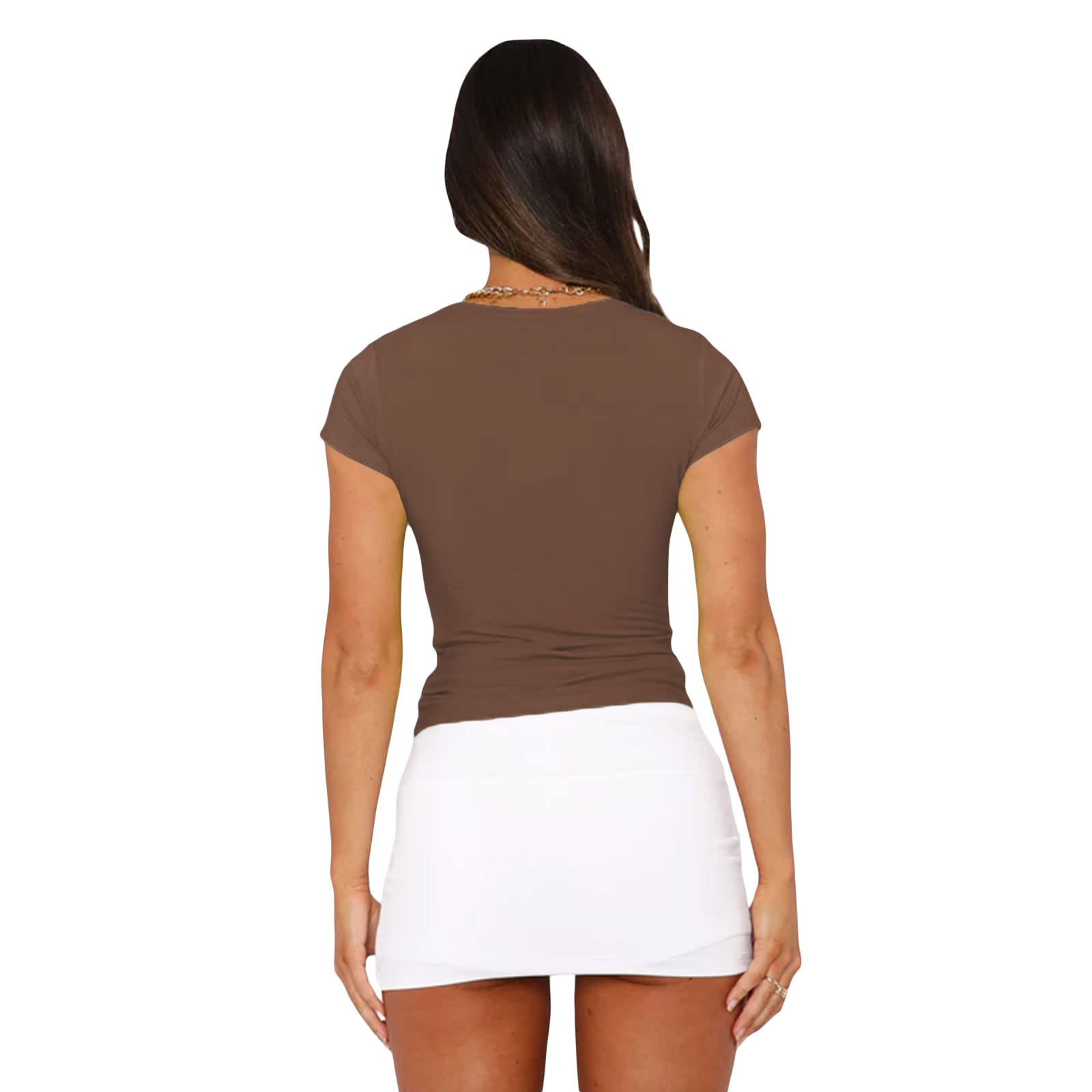 Sexy Short Sleeve Top for Women Solid Slim Fitted Tee Shirt Casual Basic Crew Neck Crop Tops (C Brown,Medium)