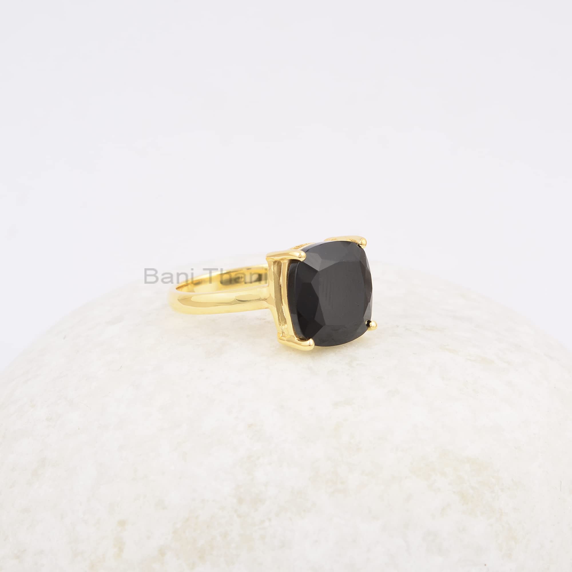 Black Onyx Ring, 12mm Cushion Gemstone Ring, Gold Plated Ring, 925 Solid Silver Ring, Gift for Bridesmaid, Women Ring (Gold Plated, 4.5 US)