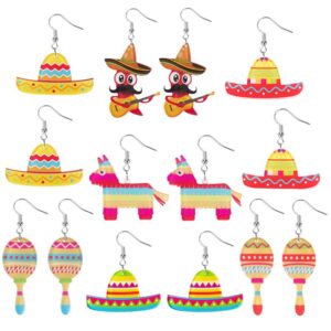 dreuyet 7 pairs cinco de mayo earrings for women mexican themed acrylic earrings funny fiesta pepper racket rainbow horse hat earrings mexican festival jewelry gifts (cinco de mayo earrings)