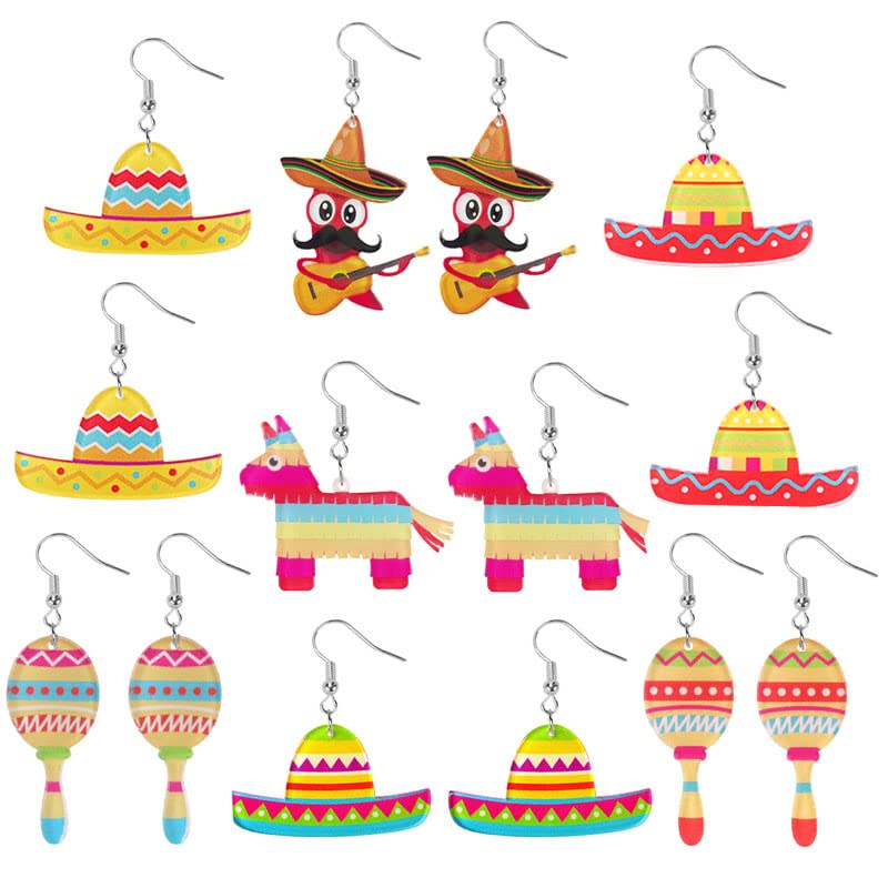 Dreuyet 7 Pairs Cinco De Mayo Earrings for Women Mexican Themed Acrylic Earrings Funny Fiesta Pepper racket Rainbow Horse Hat Earrings Mexican Festival Jewelry Gifts (Cinco De Mayo Earrings)