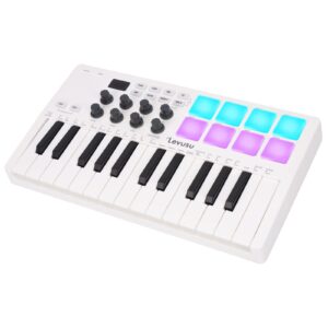 25 Key Bluetooth USB MIDI Keyboard Controller With 8 Backlit Drum Pads, Portable Rechargeable Dynamic Keybed 8 Knobs and Music Production, Smart Chord, Scale Modes, Software Included (White)