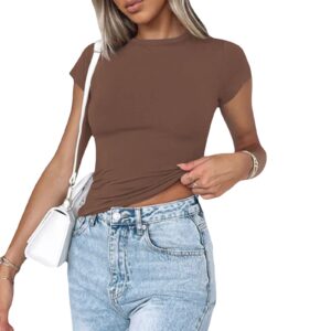 Sexy Short Sleeve Top for Women Solid Slim Fitted Tee Shirt Casual Basic Crew Neck Crop Tops (C Brown,Medium)