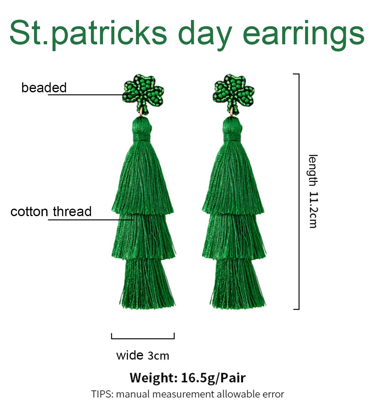 St.Patricks Day Earrings Green Clover Shamrock Beaded Earrings Handmade long Tassel Statement Dangle Earrings Jewelry for Women (St.patricks Earrings A)