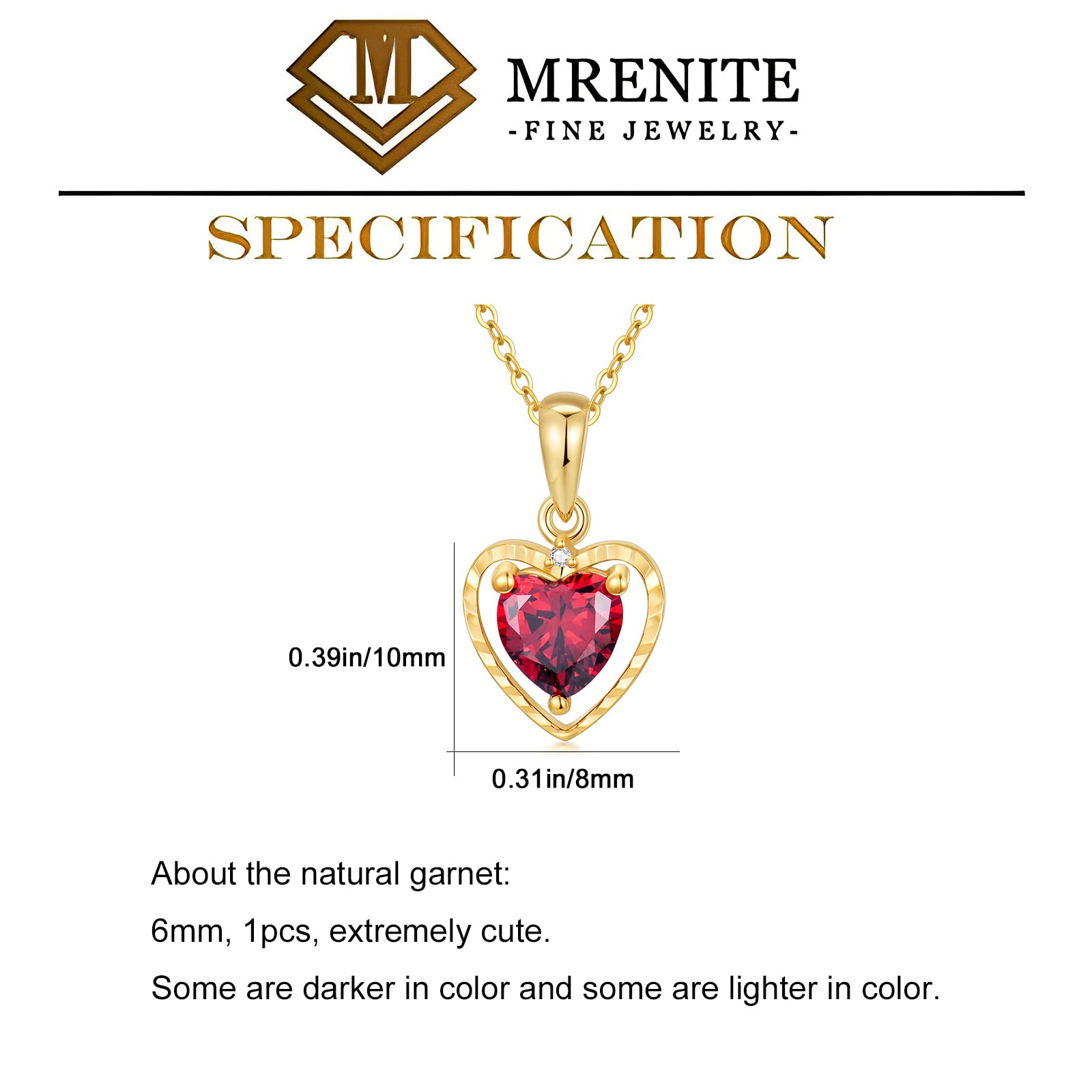 MRENITE Solid 14kt Yellow Gold 6mm Natural Heart Garnet Pendant Necklace for Women Genuine January Birthstone Garnet Red Heart Necklace Jewelry Gift for Valentine’s Day Birthday Mother’s Day