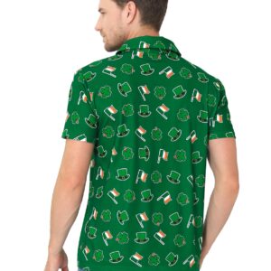 Men's Saint Patricks Day Polo Shirt Irish Shamrock Four Leaf Lucky Clover Short Sleeve Golf Top, Dark Green, Medium