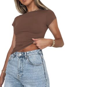 sexy short sleeve top for women solid slim fitted tee shirt casual basic crew neck crop tops (c brown,medium)