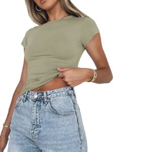 women y2k short sleeve crop tops round neck solid slim fit tee shirt casual workout yoga cropped shirt top (c green,large)