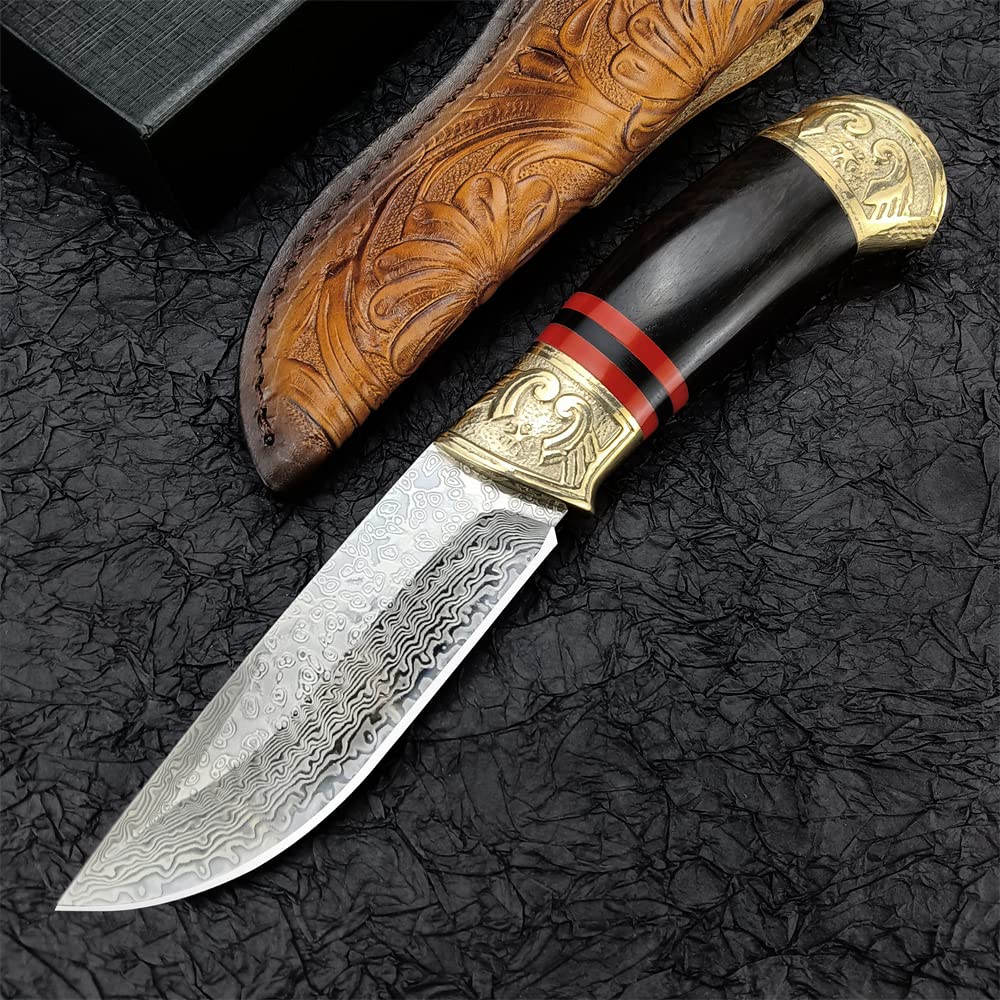 HUAAO Handmade Damascus Hunting Knife, 8.5'' Fixed Blade Knife with Leather Sheath and Ebony Handle, EDC Skinning Knife, for Camping Hiking