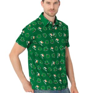 Men's Saint Patricks Day Polo Shirt Irish Shamrock Four Leaf Lucky Clover Short Sleeve Golf Top, Dark Green, Medium